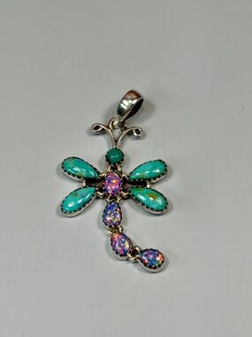 Sterling Kingman Turquoise & Opal Dragonfly Pendant
